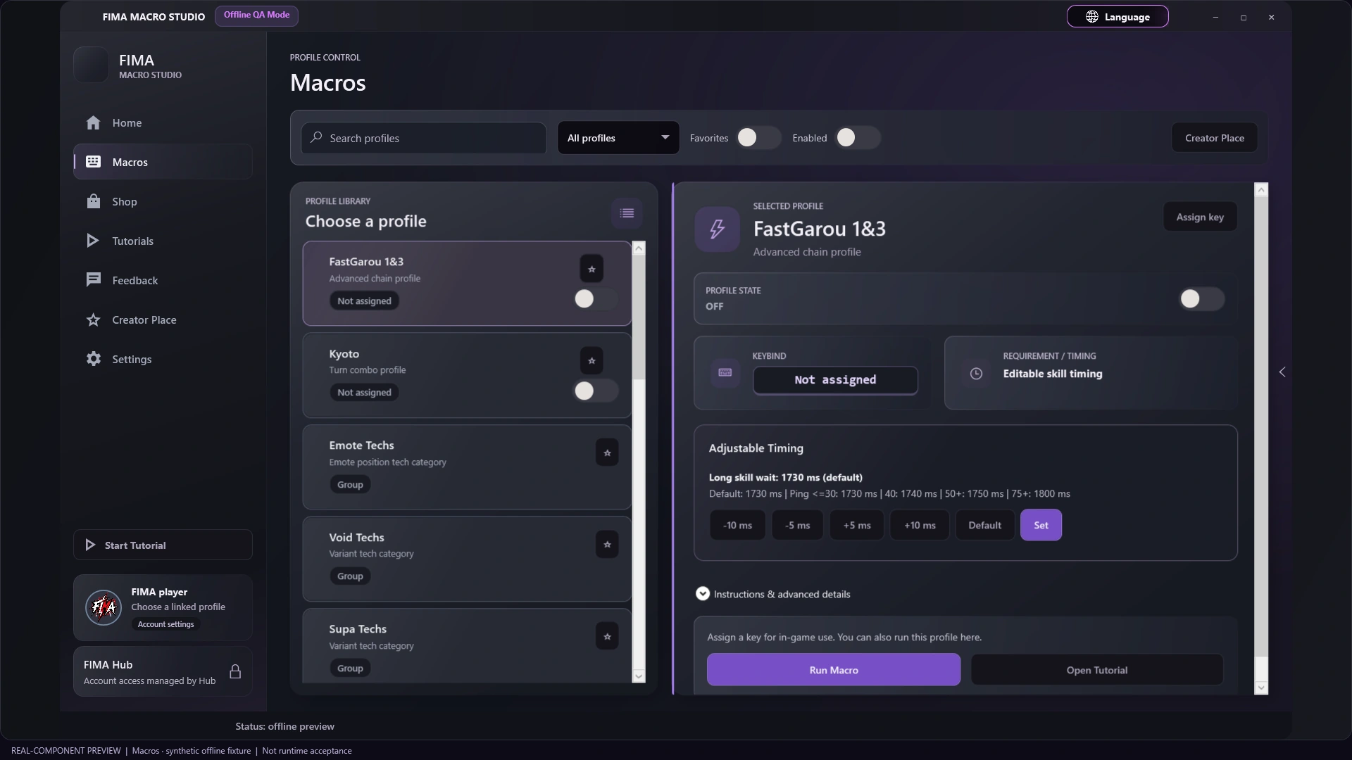 REAL-COMPONENT PREVIEW: current Macros profile library and selected profile