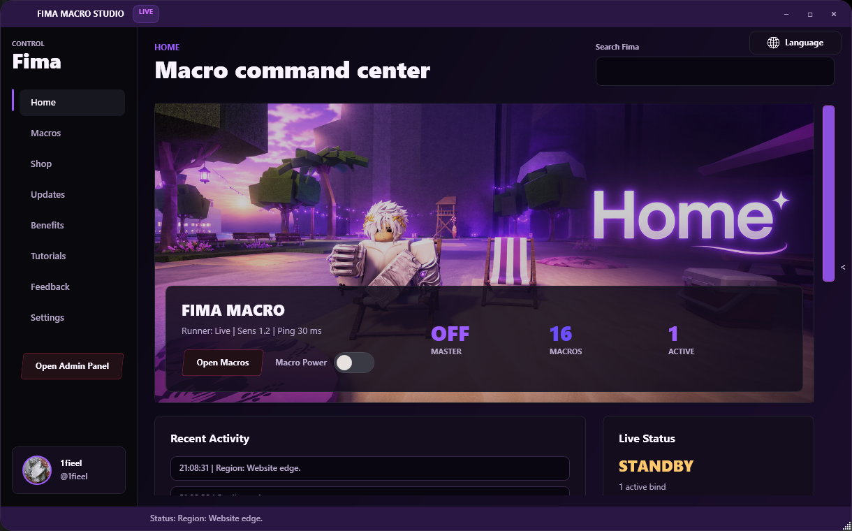 Fima Macro Studio full home dashboard preview
